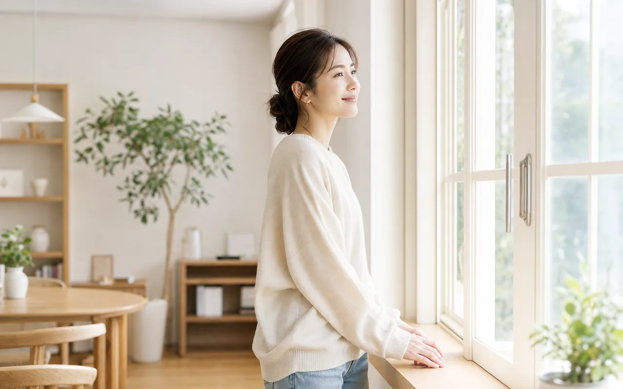 窓辺で前向きに過ごす女性